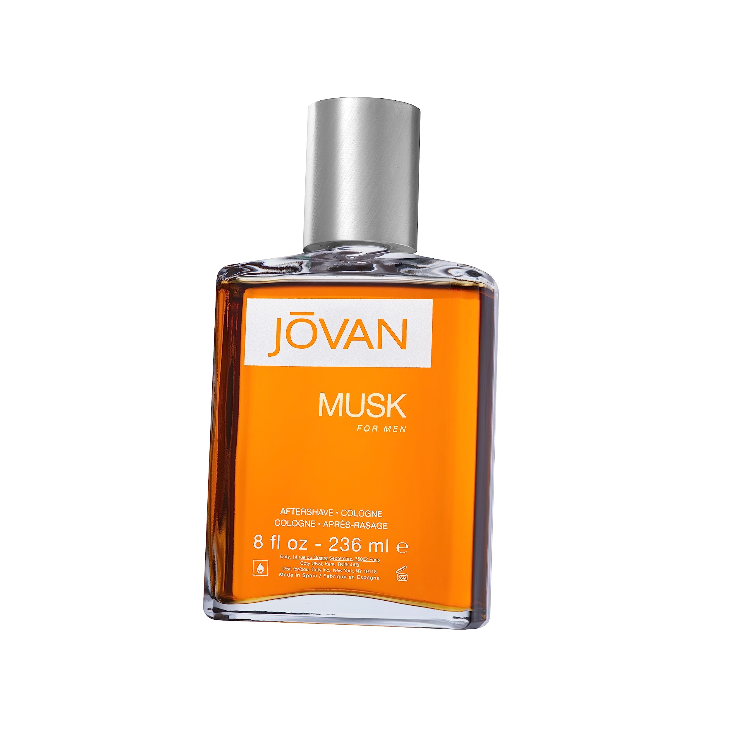 Botella de vidrio de Jovan Musk para hombres con frasco naranja, aroma seductor para uso diario.