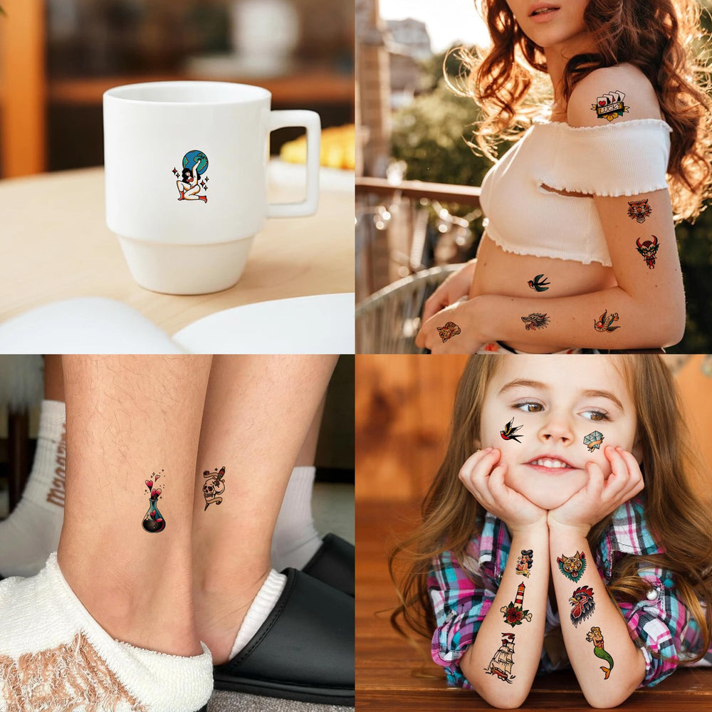 JoyfulGlam tatuaje retro calavera: detalle llamativo para cosplay.