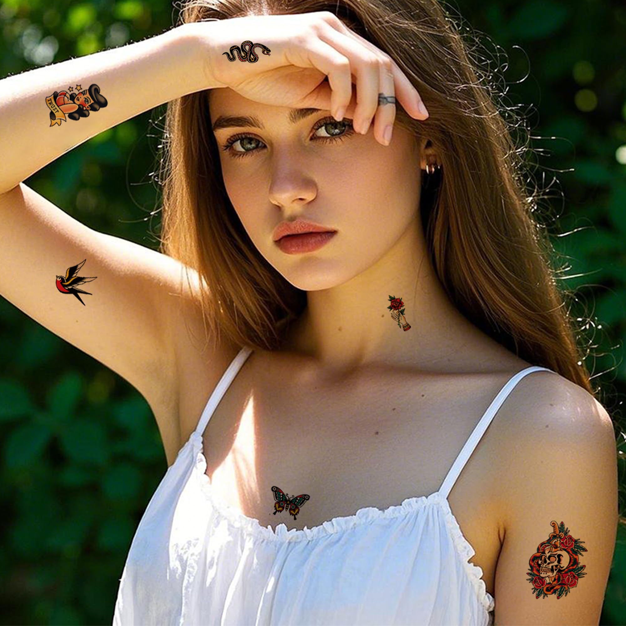 JoyfulGlam tatuaje retro mariposas: color vivo para looks creativos.
