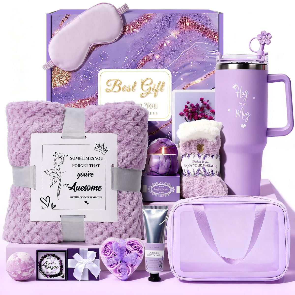 Joyvella cesta spa lavanda con tumbler 40oz para momentos de relajación diaria.