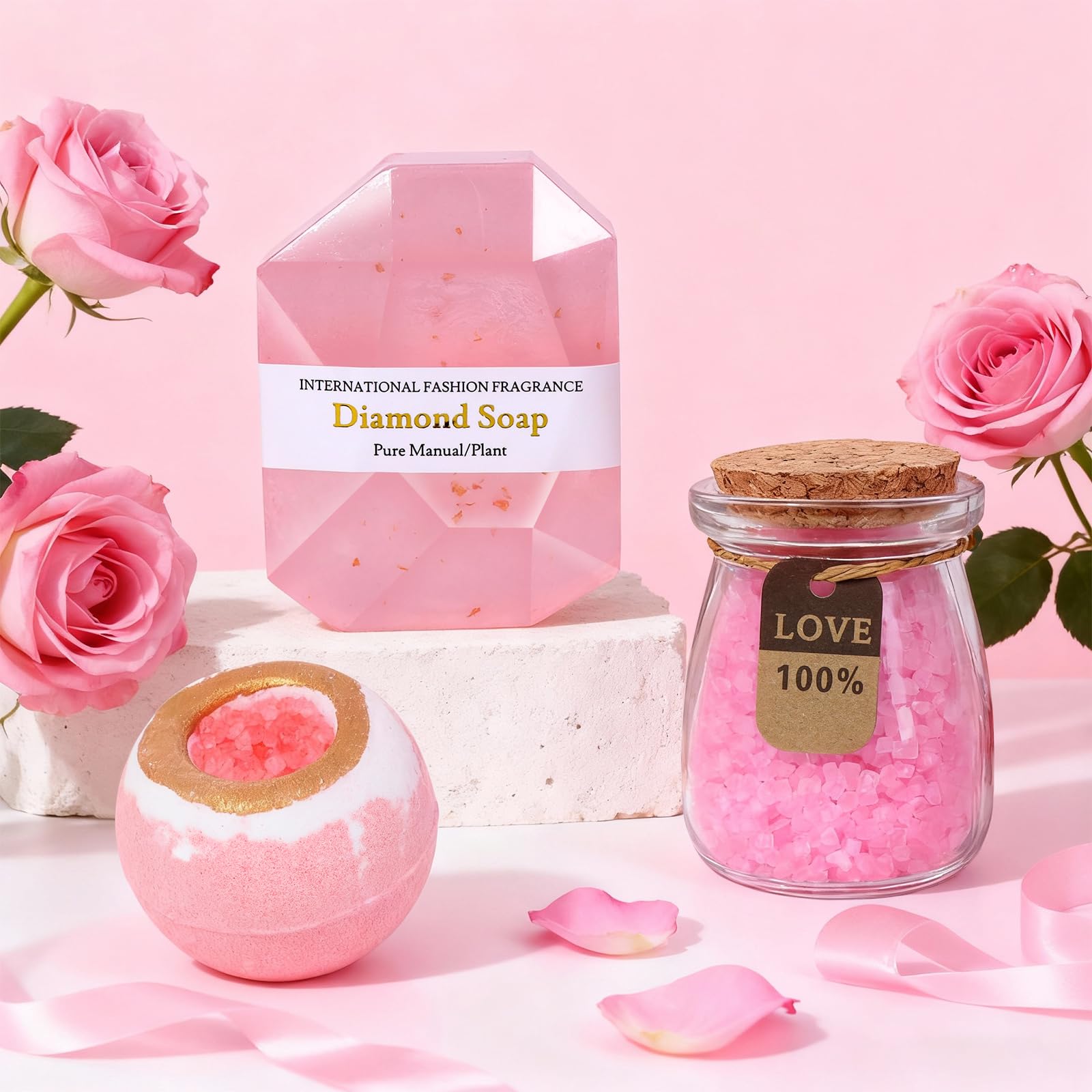 Joyvella sales de baño con rosas perfuman y calman la experiencia.
