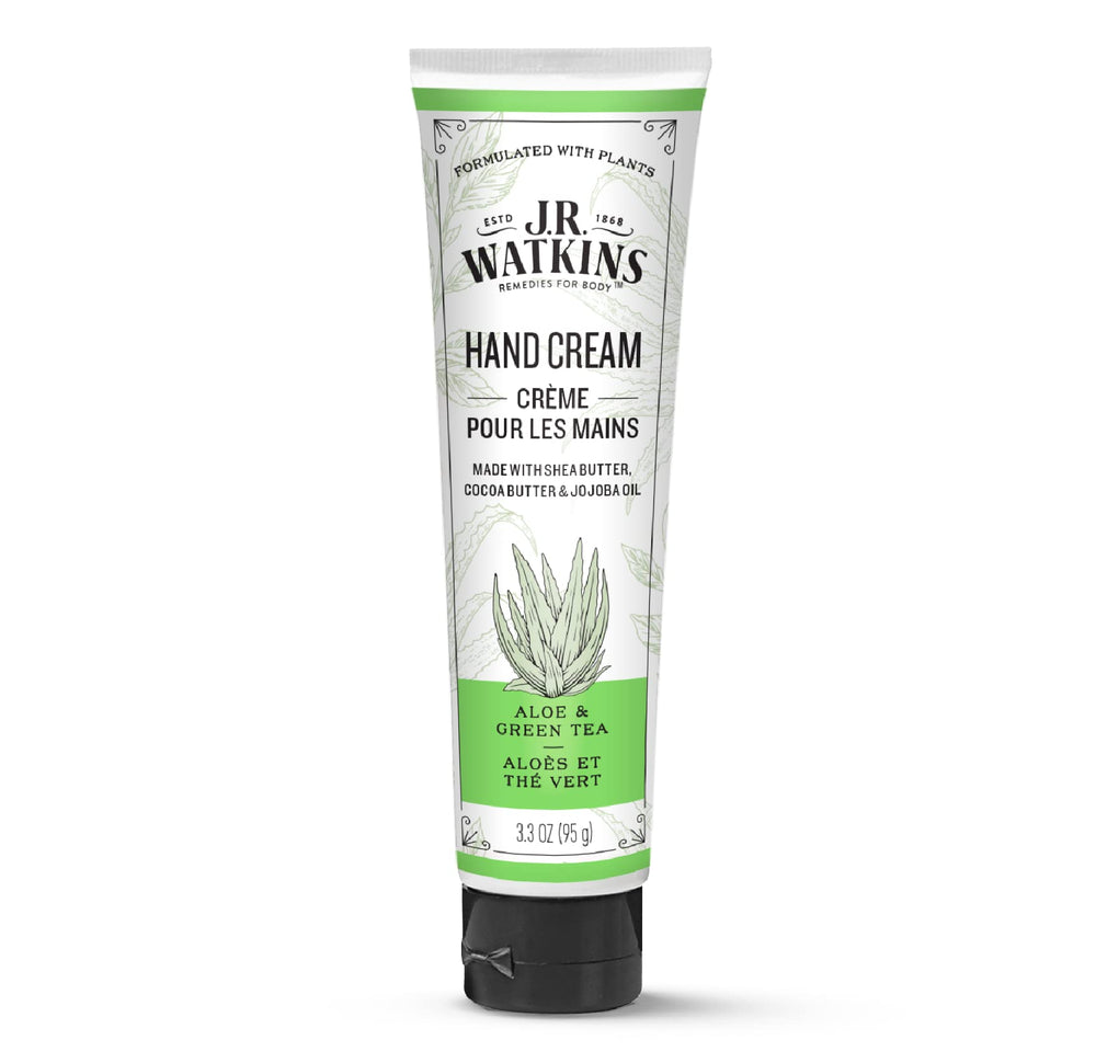 Crema de manos J.R. Watkins con aloe y té verde, hidratación para piel suave.