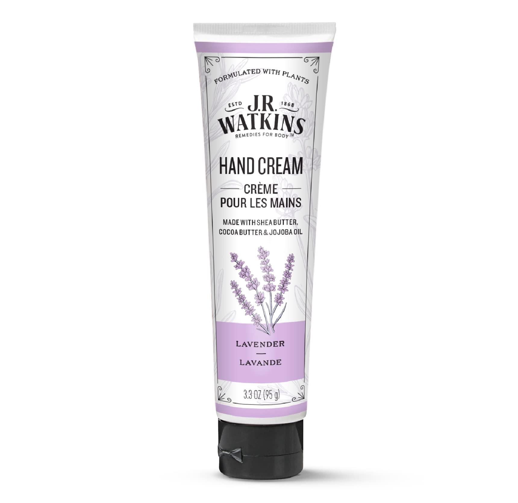 J.R. Watkins crema manos lavanda en botella ofrece hidratación suave.