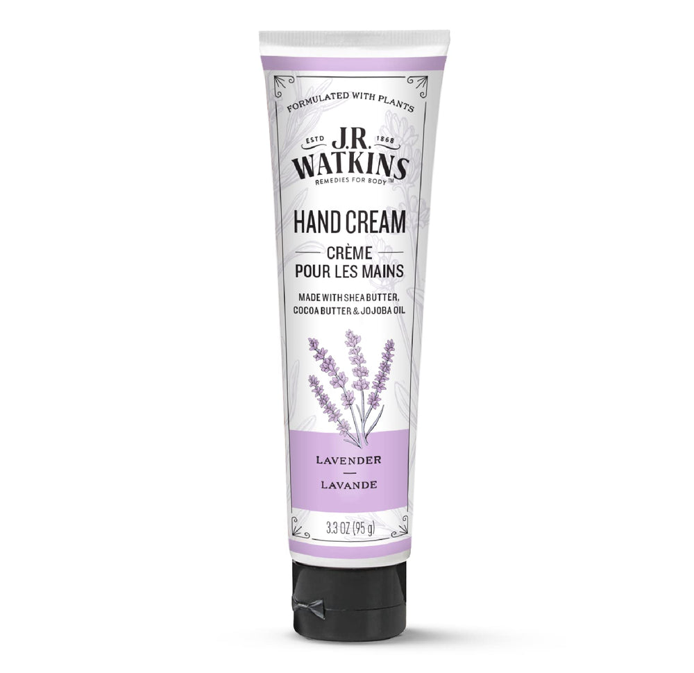 J.R. Watkins crema manos lavanda en botella ofrece hidratación suave.
