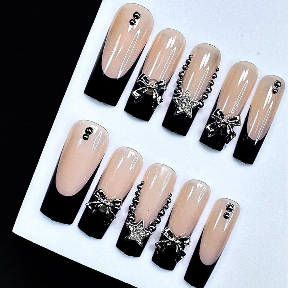 Uñas Jremg Frances negro punta larga ataúd con brillo plateado y diseño 3D