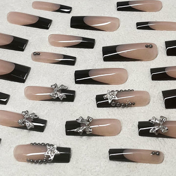 Uñas Jremg Frances negro punta larga ataúd con dije lazo 3D