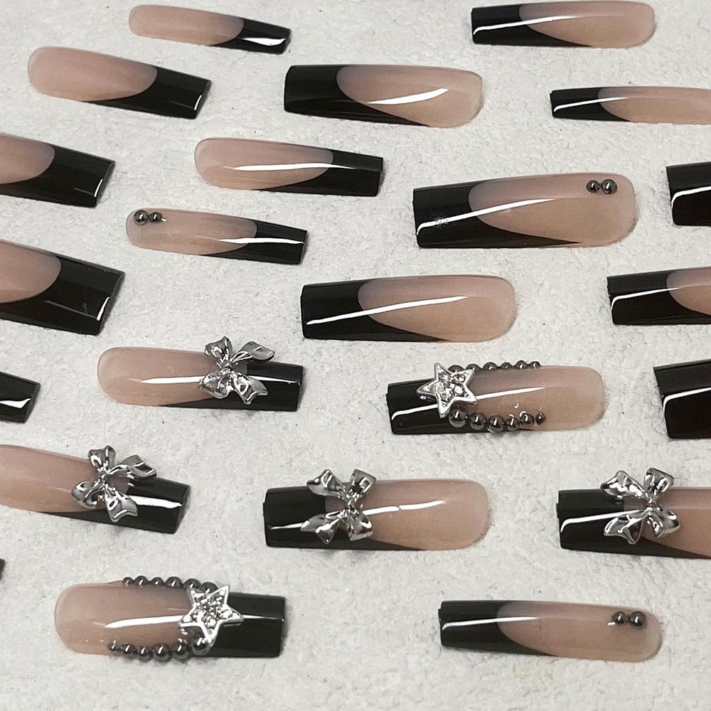 Uñas Jremg Frances negro punta larga ataúd con dije lazo 3D