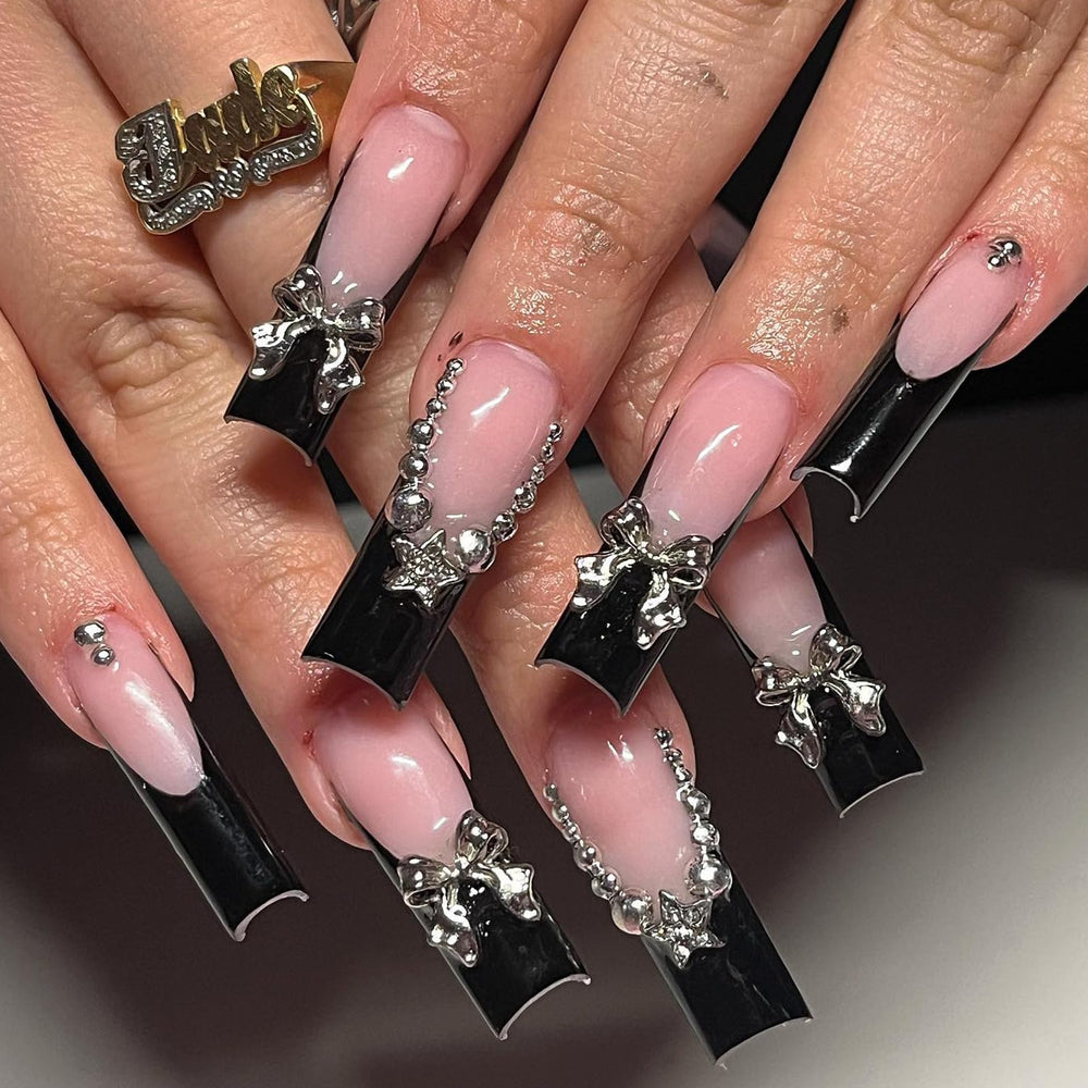 Uñas Jremg Frances negro punta larga ataúd con lazo 3D para look elegante