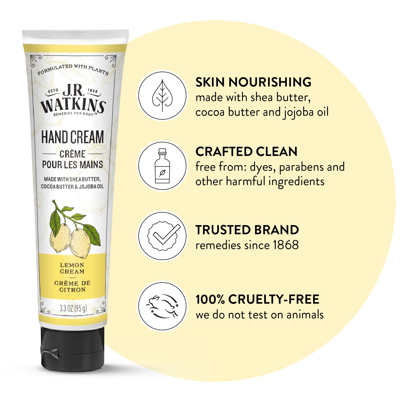 J.R. Watkins crema manos con aceite de aguacate nutre profundamente la piel.