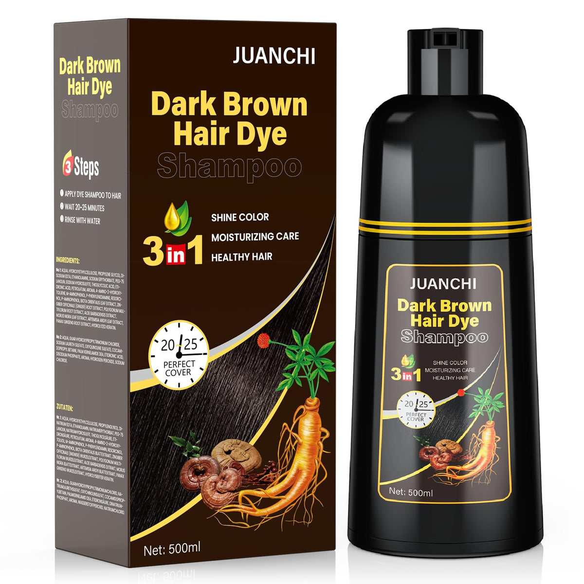 JUANCHI Tinte shampoo cabello marron oscuro en botella, color natural de larga duracion