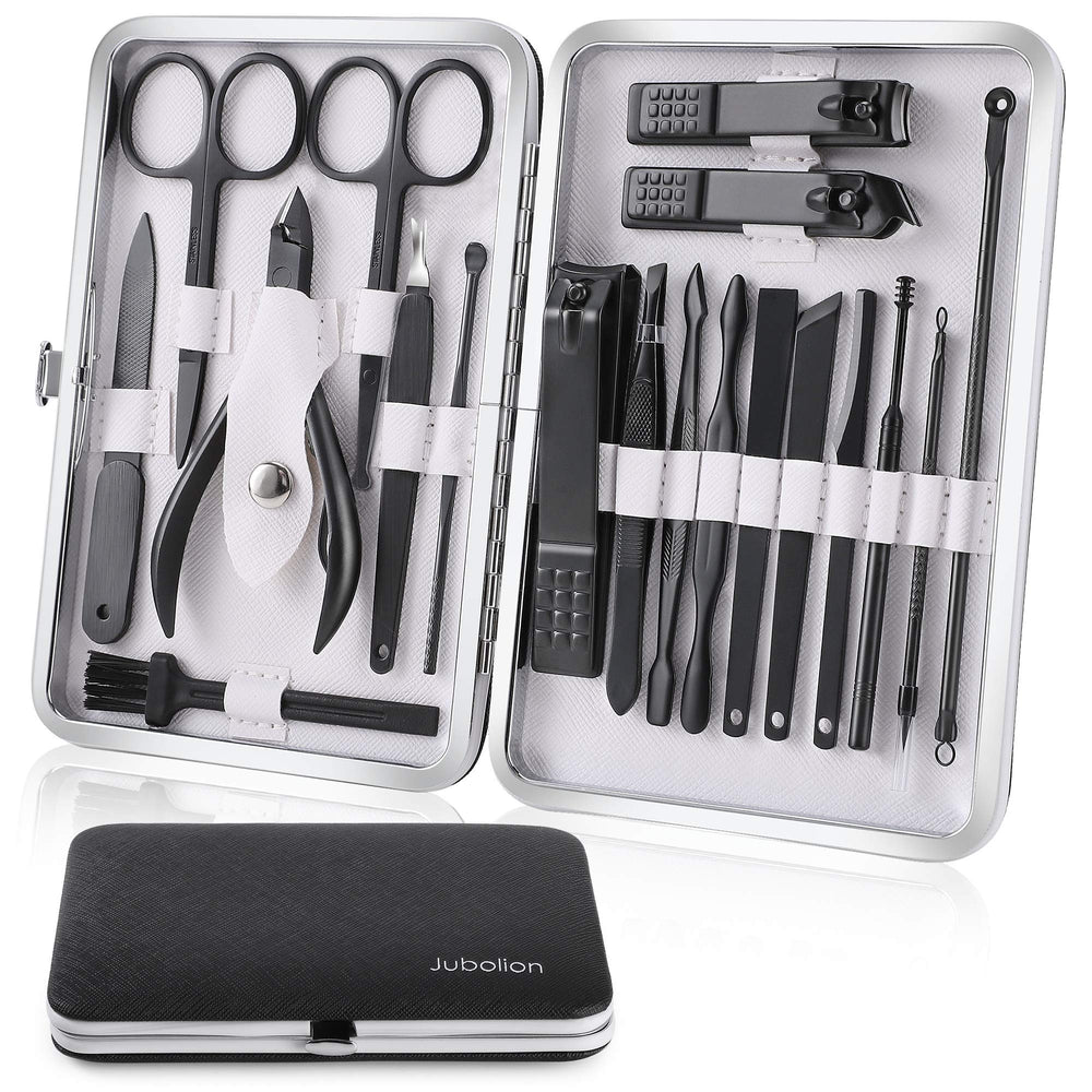 Jubolion set de manicura 19 piezas con estuche de cuero negro, portátil y organizado.