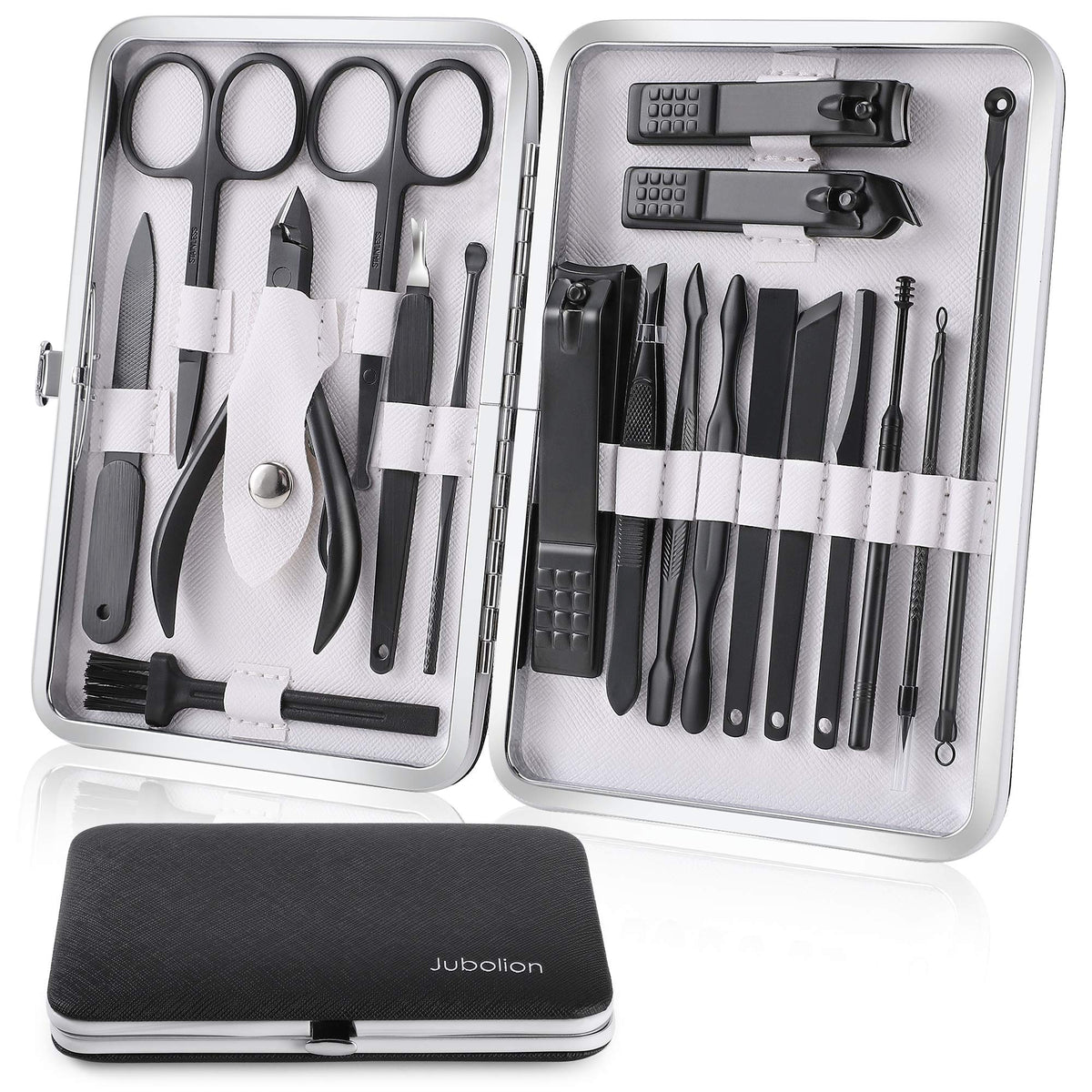 Jubolion set de manicura 19 piezas con estuche de cuero negro, portátil y organizado.