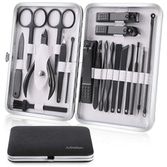 Jubolion set de manicura 19 piezas con estuche de cuero negro, portátil y organizado.