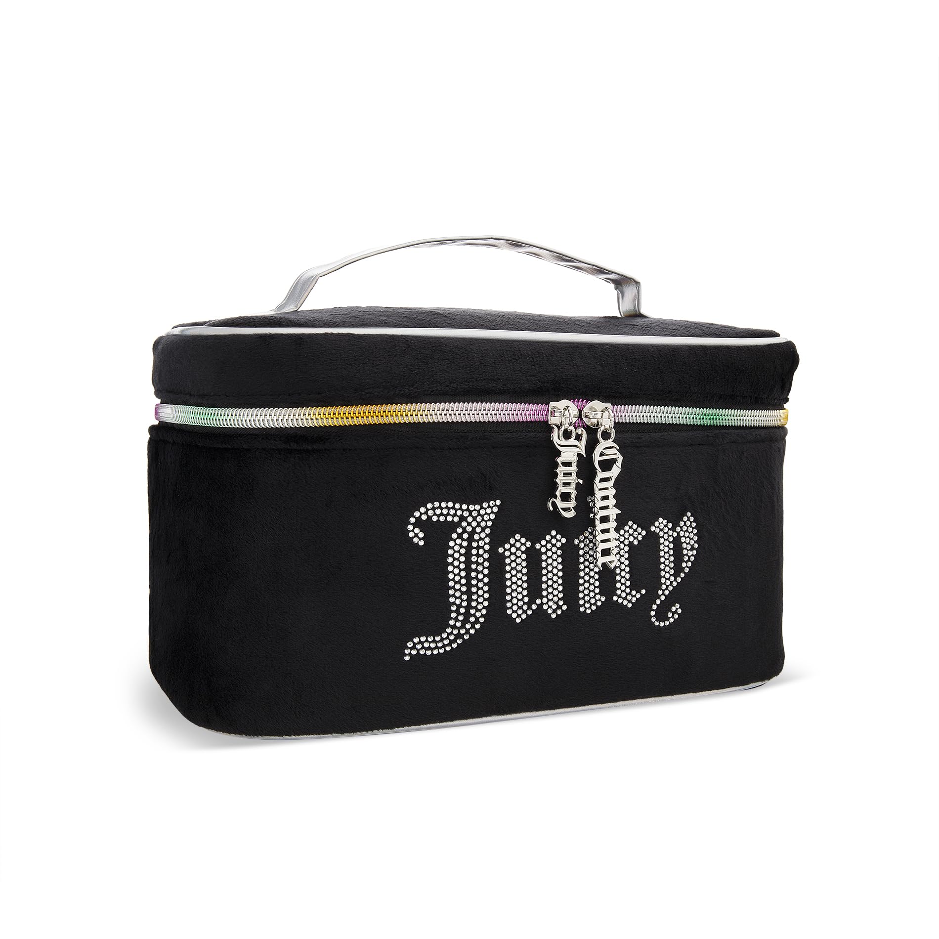 Juicy Couture bolso-maquillaje negro con cristales, ideal para viajes con estilo.