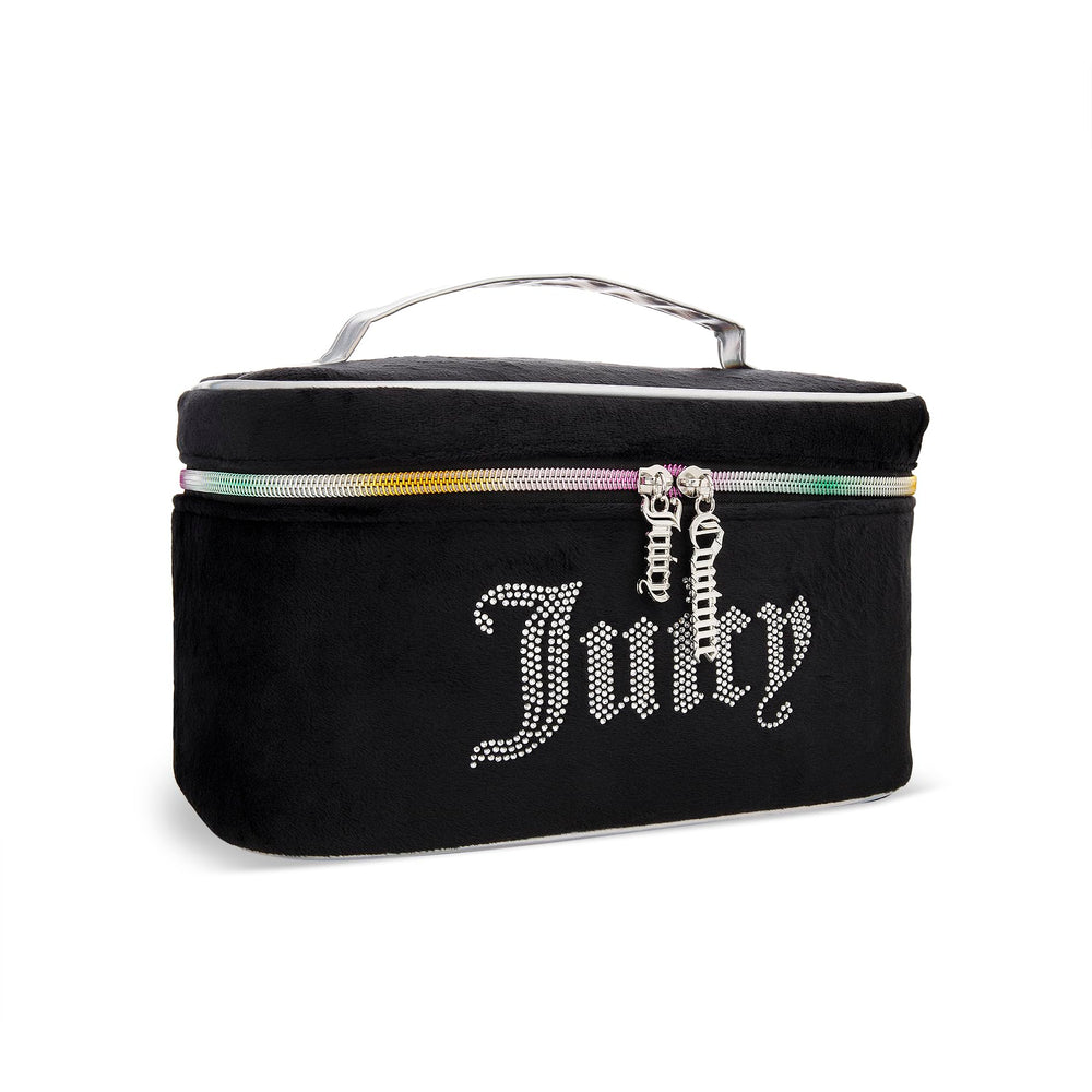 Juicy Couture bolso-maquillaje negro con cristales, ideal para viajes con estilo.