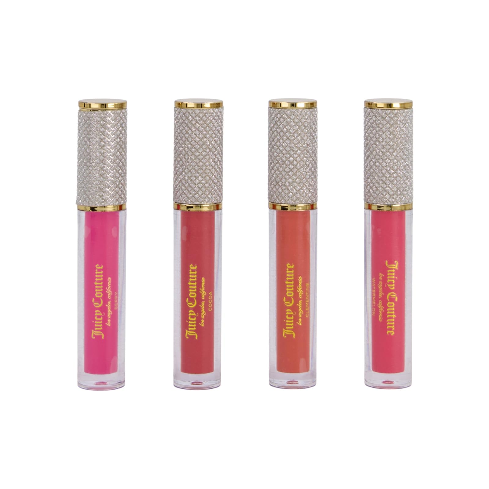 Logo y detalles brillantes de Juicy Couture destacan un producto de lujo.
