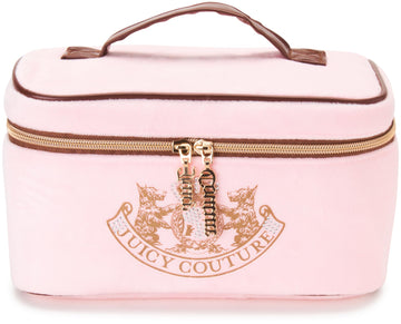 Estuche de maquillaje Juicy Couture rosa velour listo para viajar y mantener todo organizado.