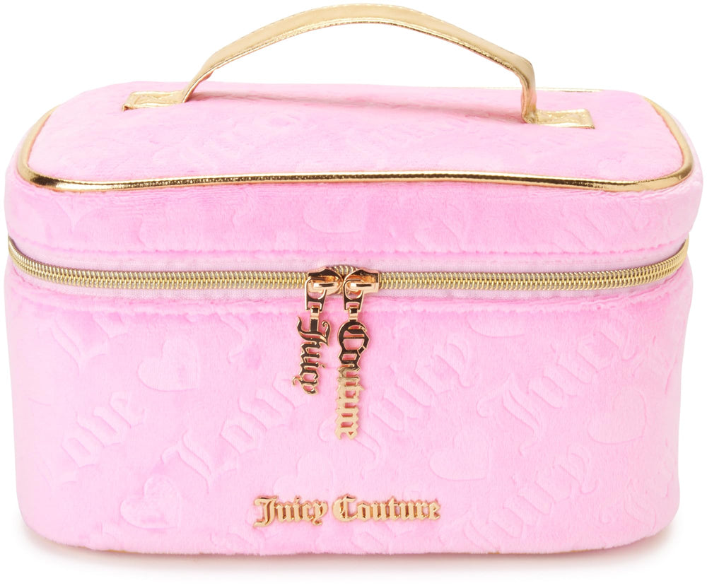 Pochette maquillage Juicy Couture rose velours avec logo cœur, idéale pour voyager