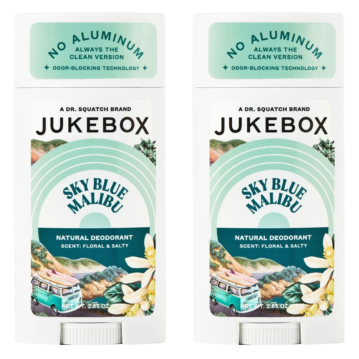 JUKEBOX Desodorante natural para mujeres, frente del producto, aroma azul cielo Malibu fresca y duradera.