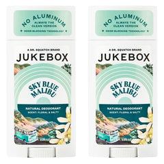 JUKEBOX Desodorante natural para mujeres, frente del producto, aroma azul cielo Malibu fresca y duradera.