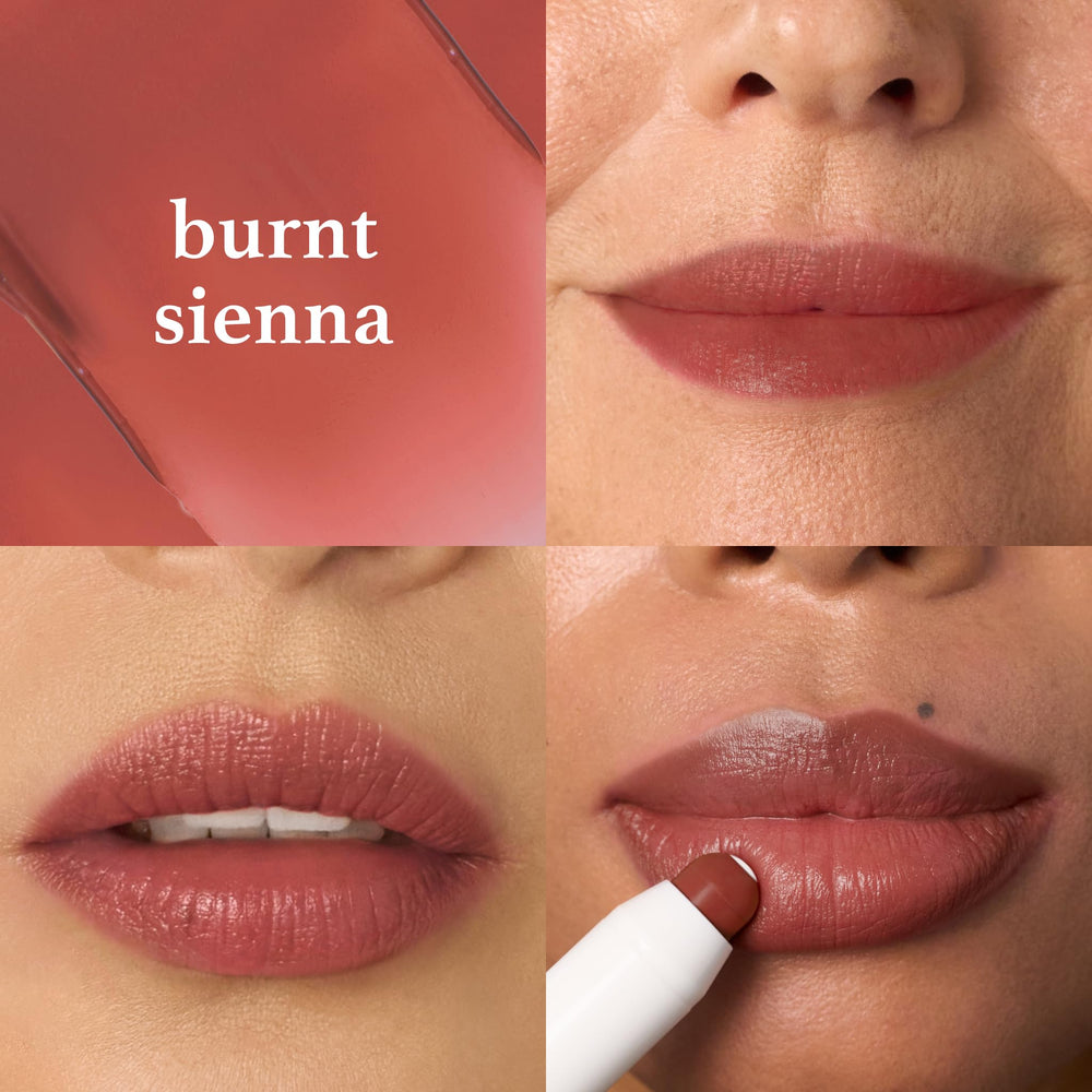 Bálsamo labial Julep Burnt Sienna con acabado brillante natural.