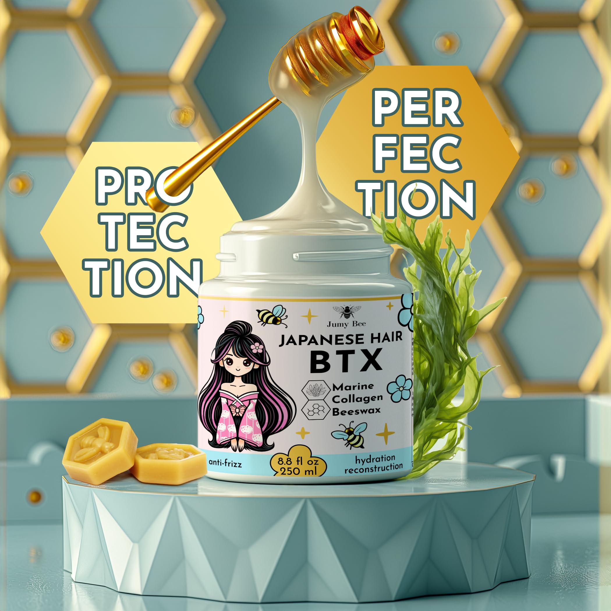 Jumybee BTX Hair Mask jar closeup shows creamy texture and luxurious conditioning.