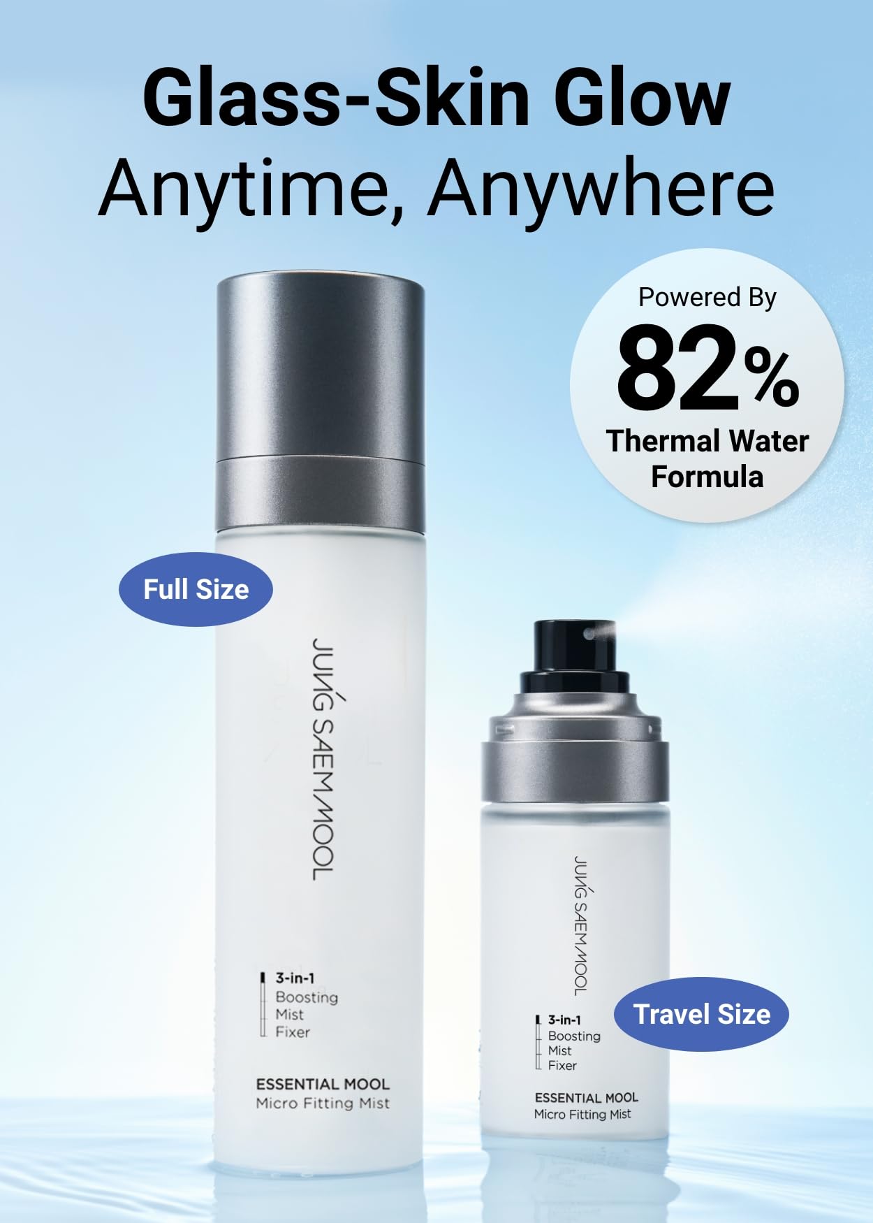 Jung Saem Mool Essential Mool Micro Fitting Mist yields a luminous, glassy finish.