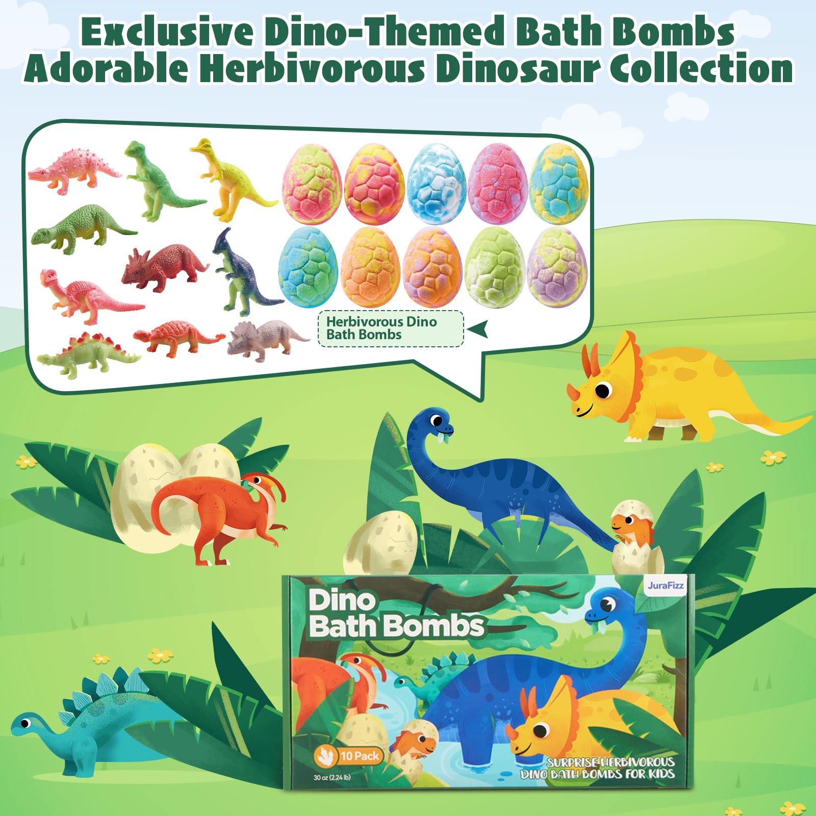 Bombas JuraFizz: dino-herbivoro-detalle, color y aroma en cada baño.