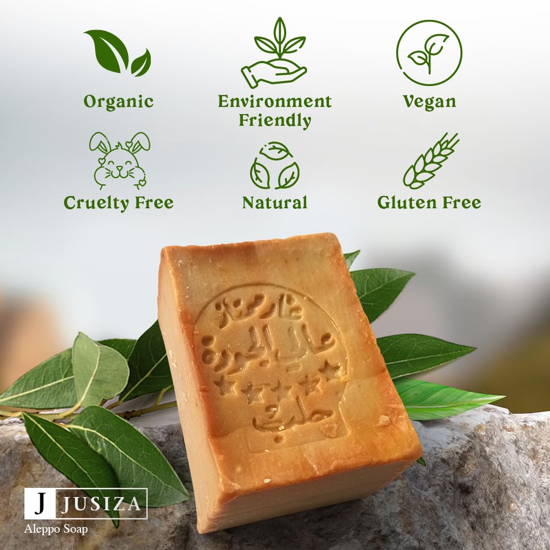 JUSIZA Aleppo Soap olive oil emphasis offering mild cleansing and nourishment.