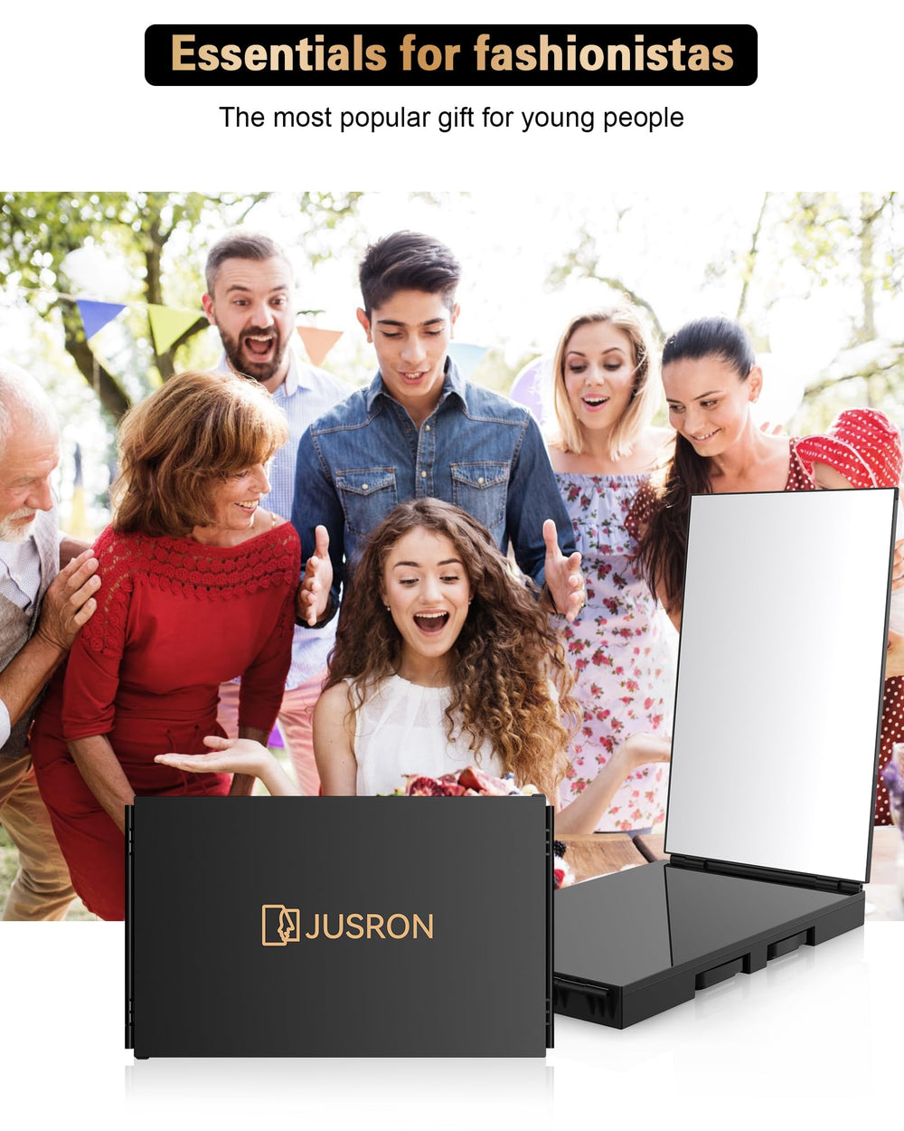 Espejo JUSRON, acabado negro sin LED, ligero y portátil para regalo.
