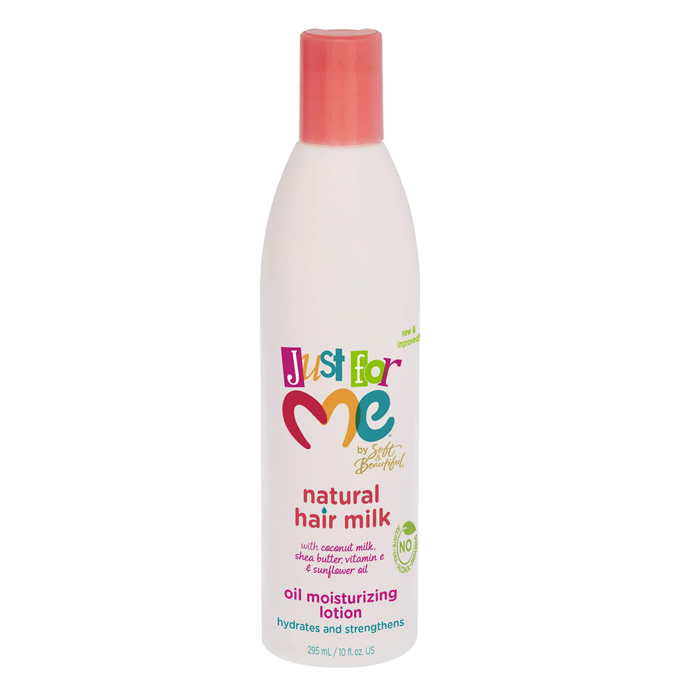 Just For Me Leche para Cabello Natural en bote, hidrata suavemente y controla el frizz.