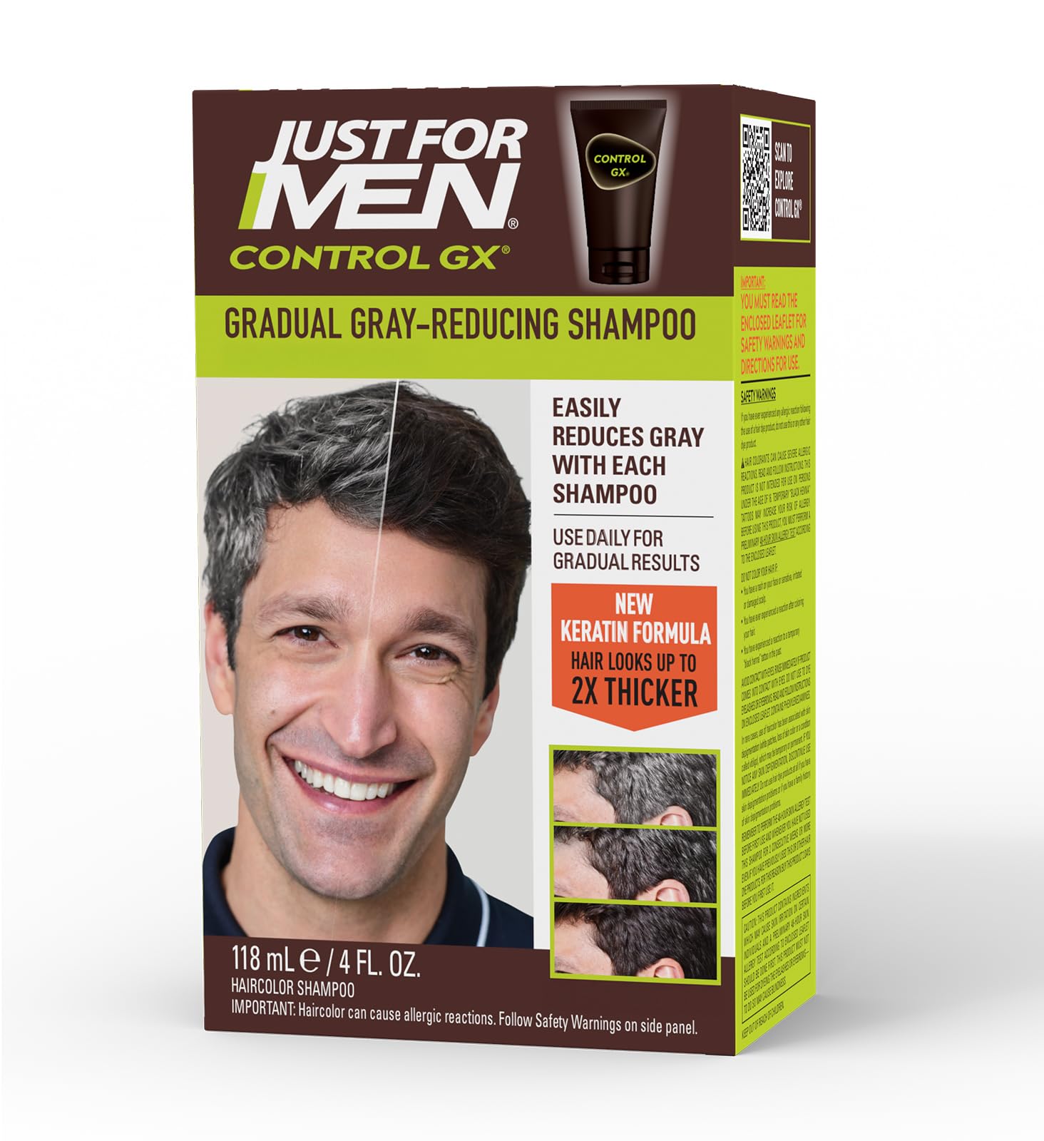 Just for Men Control GX, botella de shampoo, reduce canas gradualmente para un look natural.