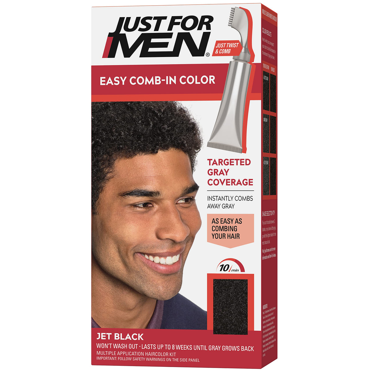 Just For Men Easy Comb-In Color Jet Black con peine aplicador para coloración rápida.