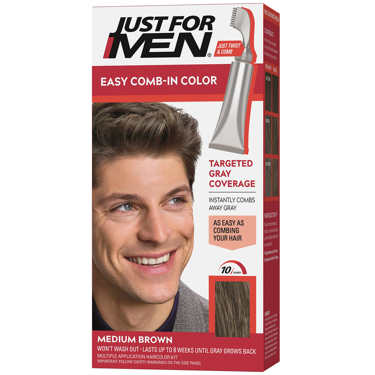 Just for Men Easy Comb-In Color con tubo premezclado para cobertura rápida de canas.