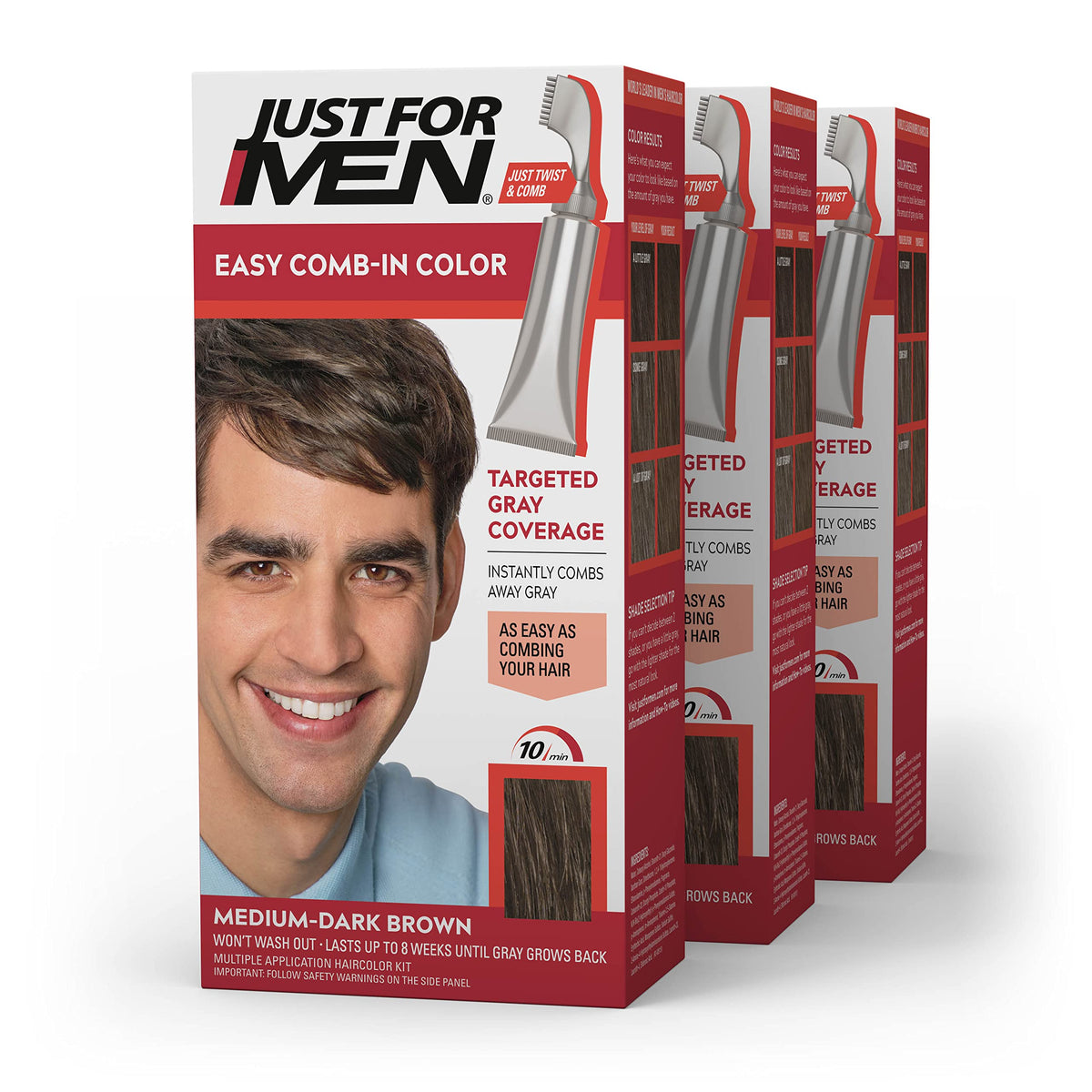 Just For Men Easy Comb-In Color, tubo premezclado para cobertura rápida de canas.