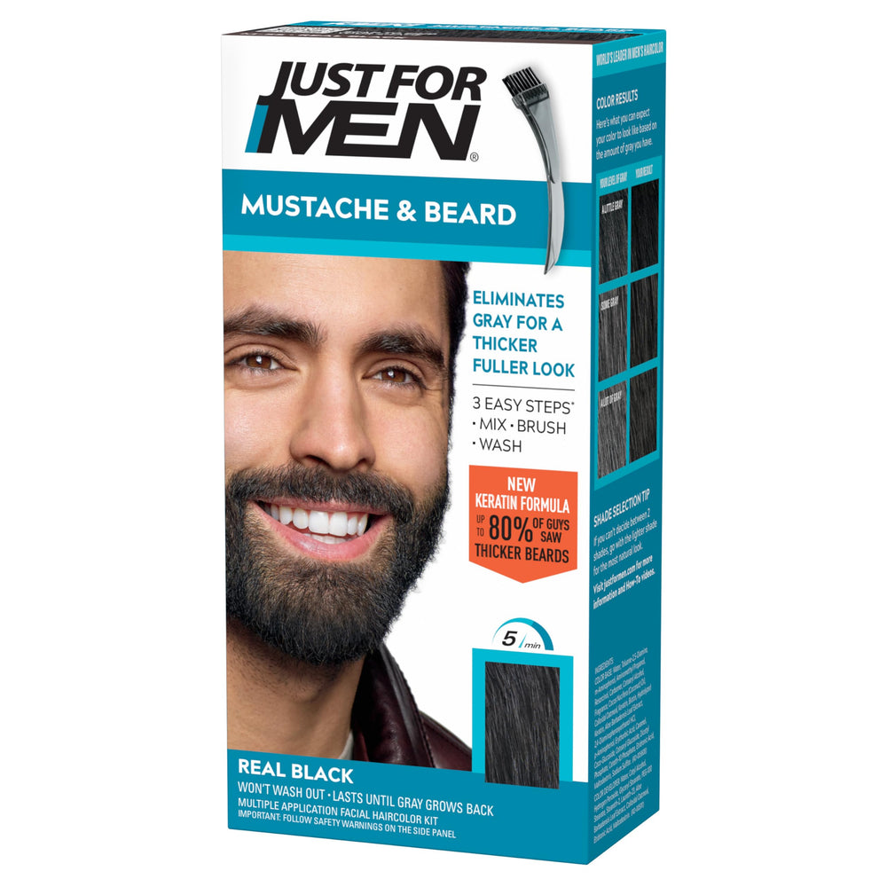 Just For Men Mustache & Beard Real Black, botella para coloración rápida de barba.