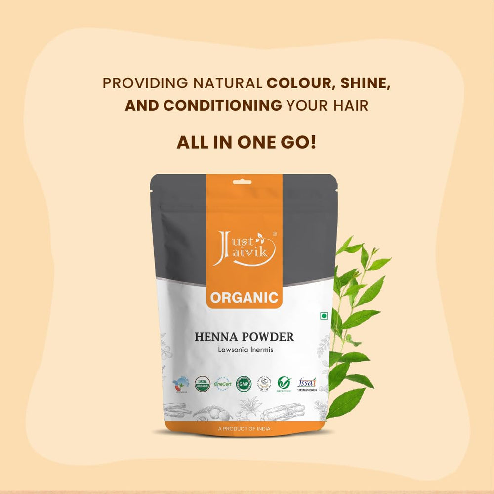 Just Jaivik Henna Polvo hidrata y suaviza el cabello.