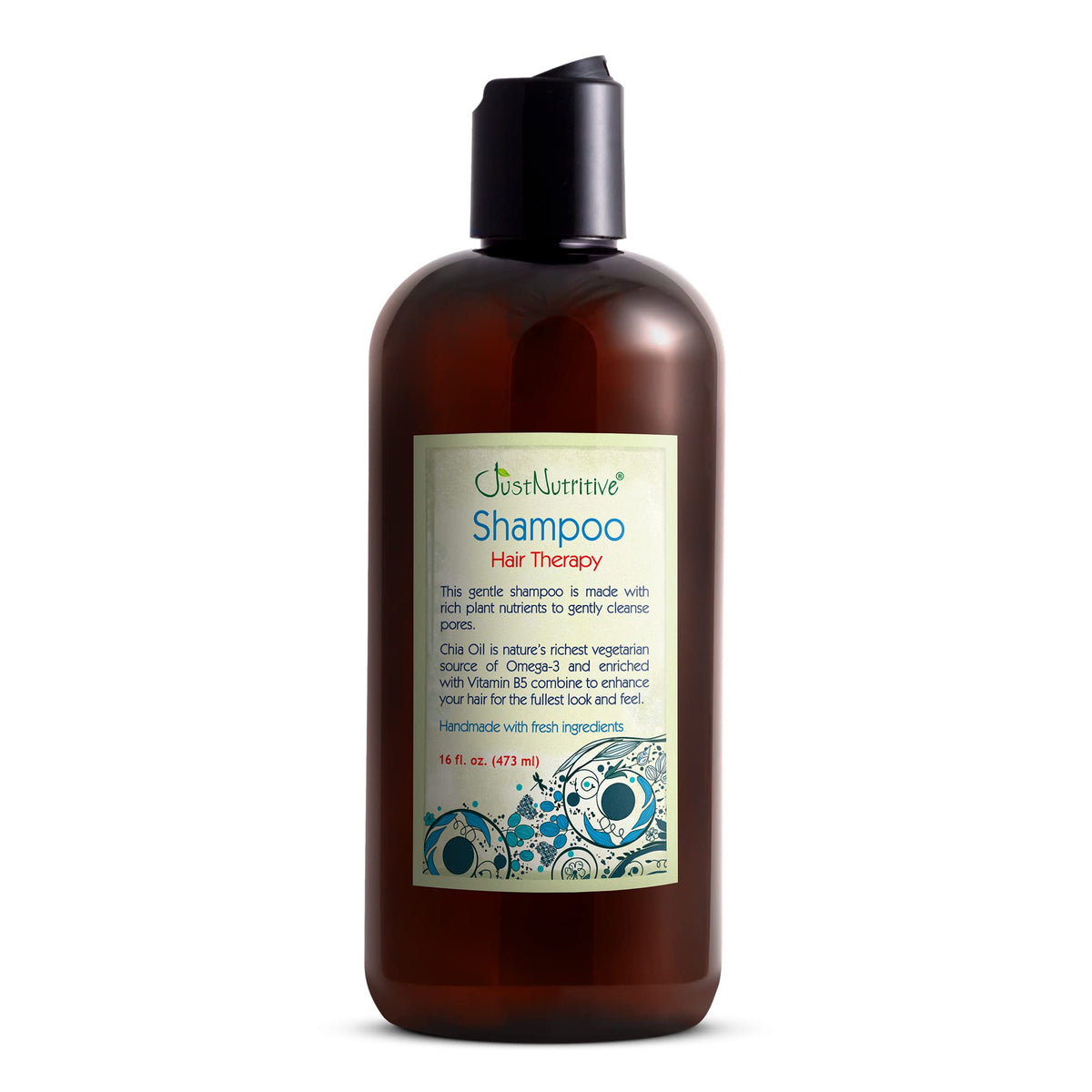 Just Nutritive Shampoing, bouteille ouverte — texture riche pour nourrir le cuir chevelu.