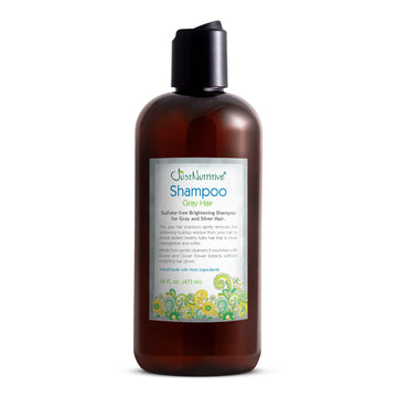 Just Nutritive shampoo gris para cabello, botella frontal, limpia y neutraliza tonos amarillentos en cabello gris.