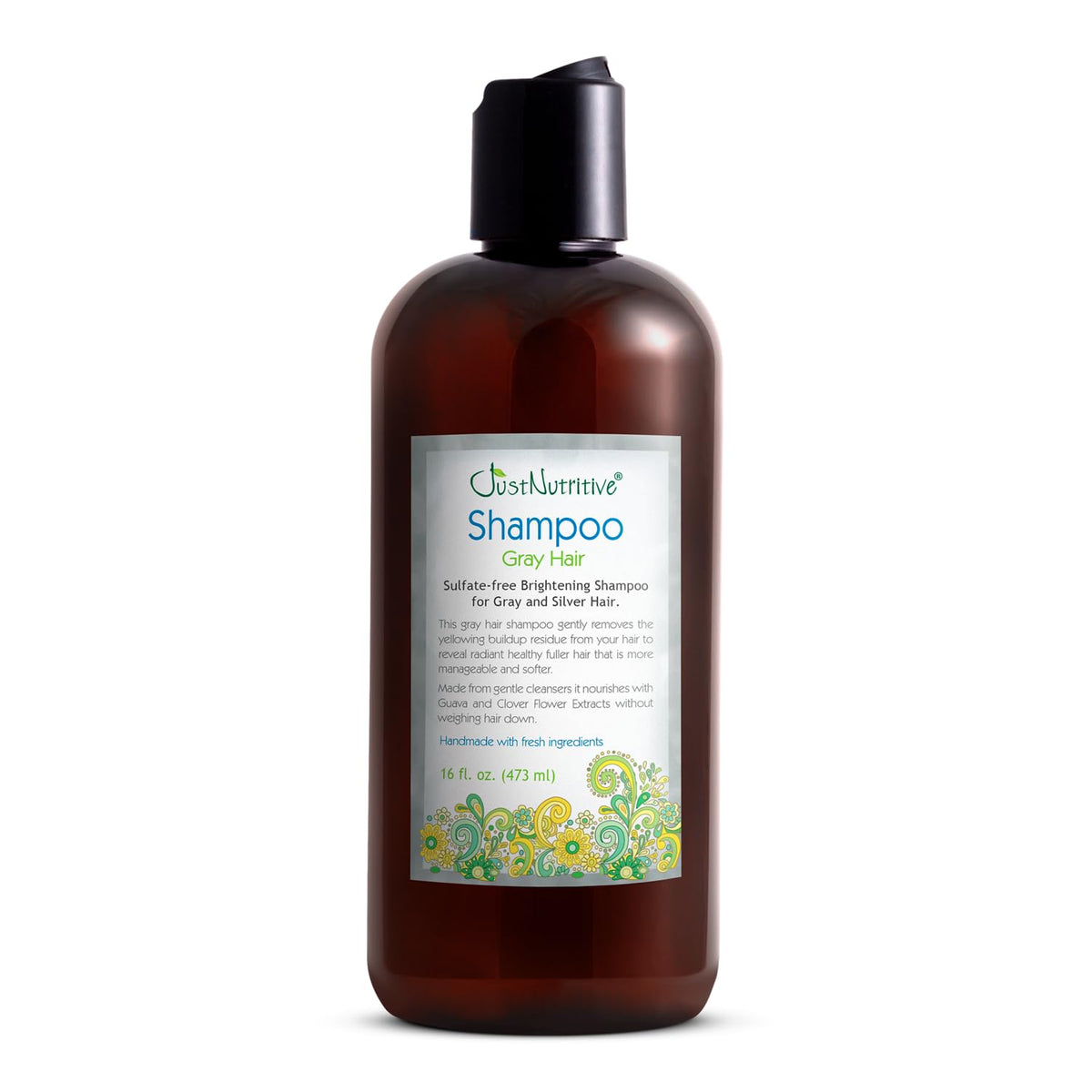 Just Nutritive shampoo gris para cabello, botella frontal, limpia y neutraliza tonos amarillentos en cabello gris.