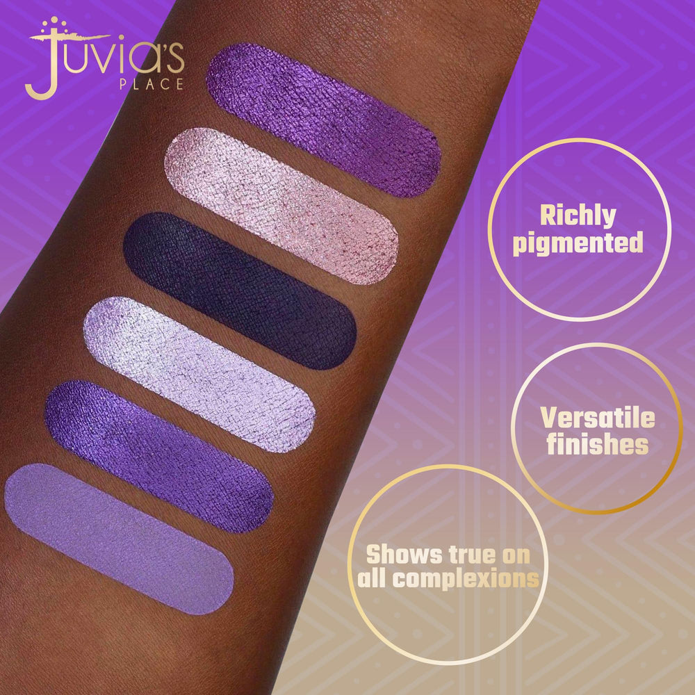 Pigmentos intensos de Juvia's Place visibles para looks vibrantes.