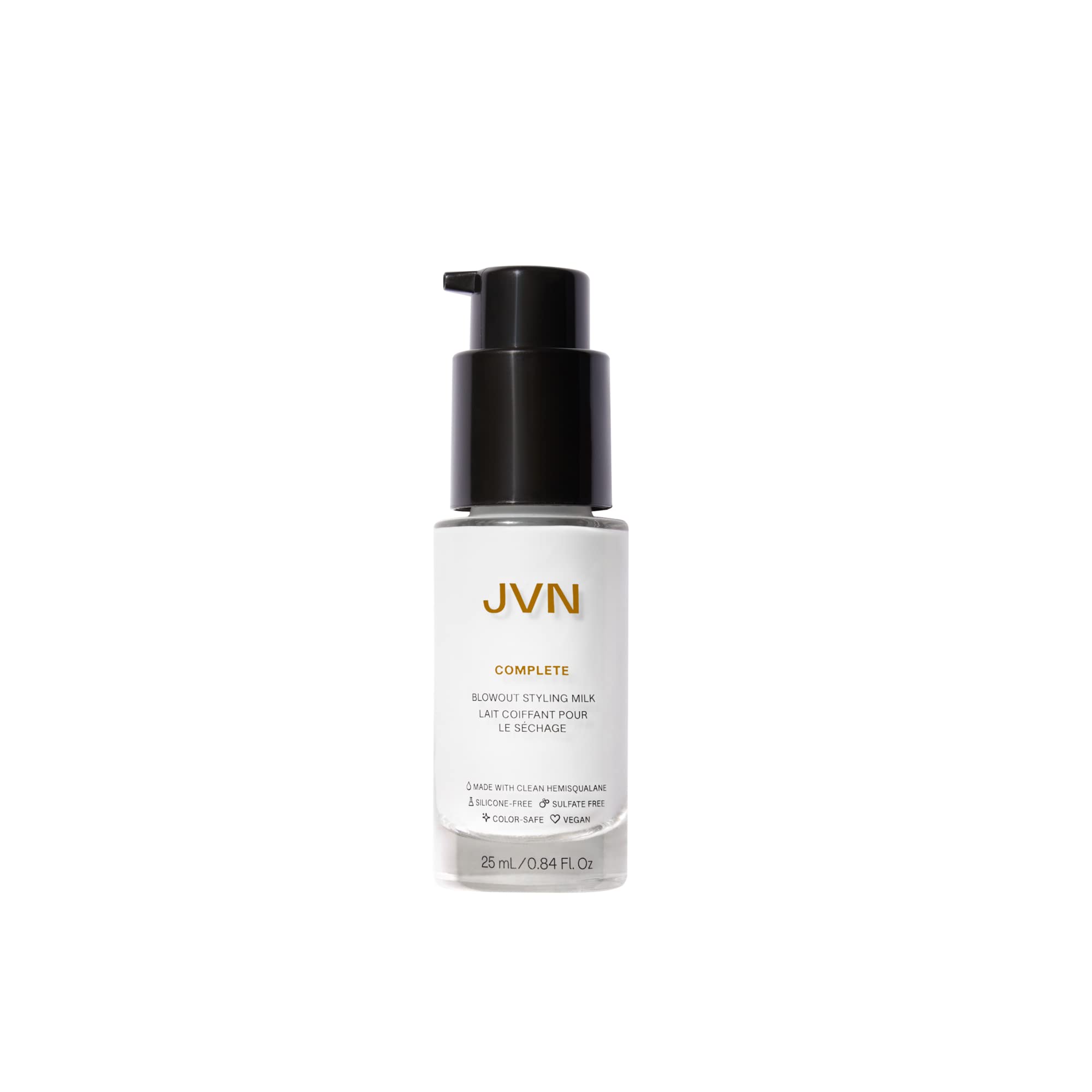 Envase de JVN Complete Blowout Milk, crema ligera para peinar y proteger del calor.