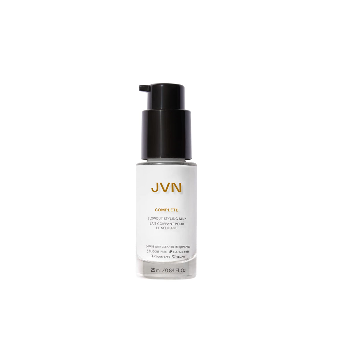 Envase de JVN Complete Blowout Milk, crema ligera para peinar y proteger del calor.