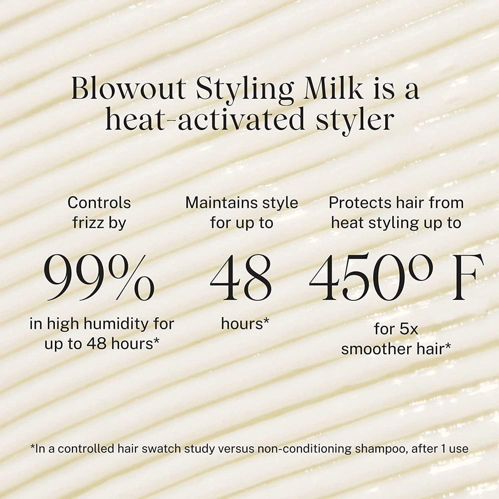 Fórmula libre de siliconas de JVN Complete Blowout Milk para cabello ligero.