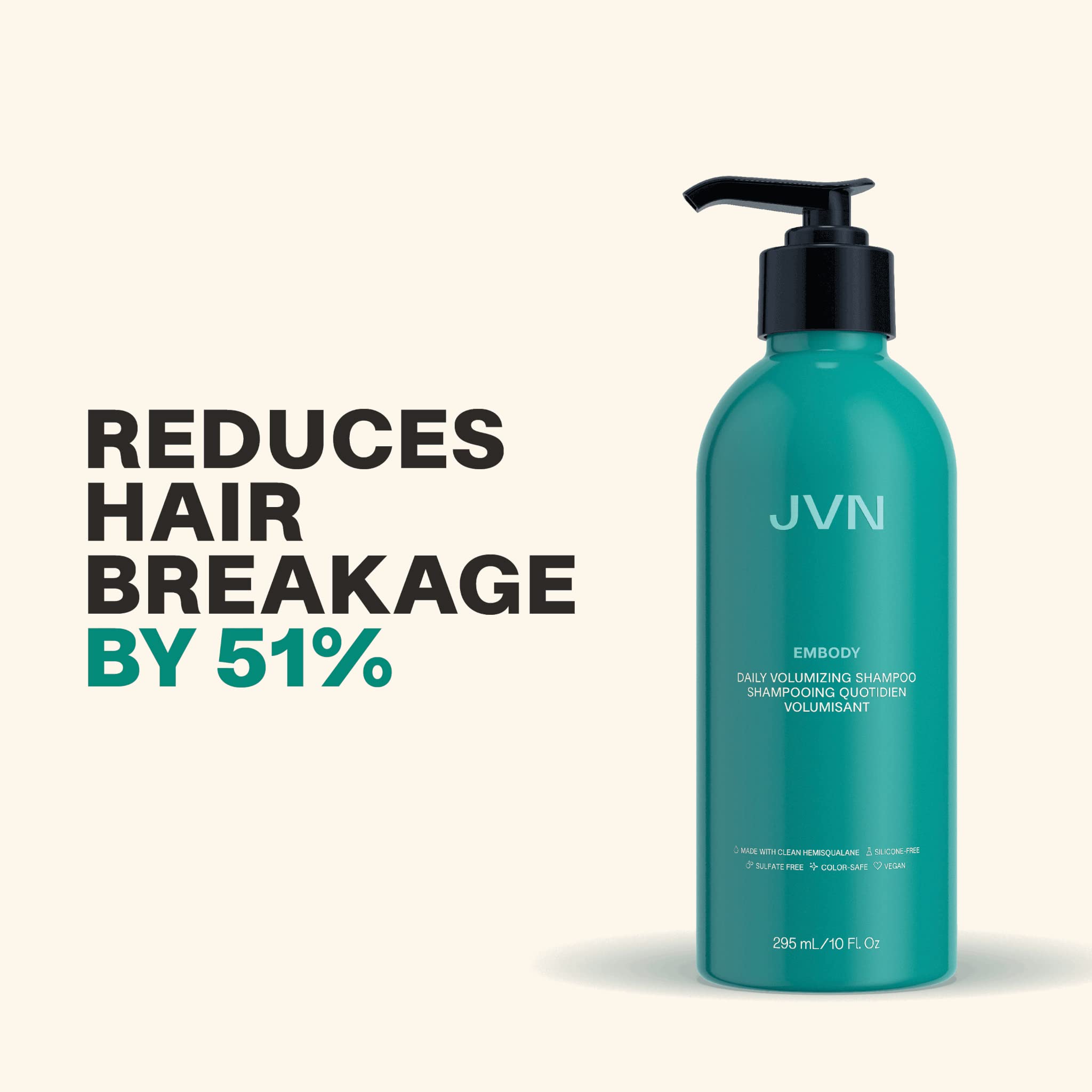 JVN Embody volumizing shampoo bottle on a shelf highlighting color-safe formula.