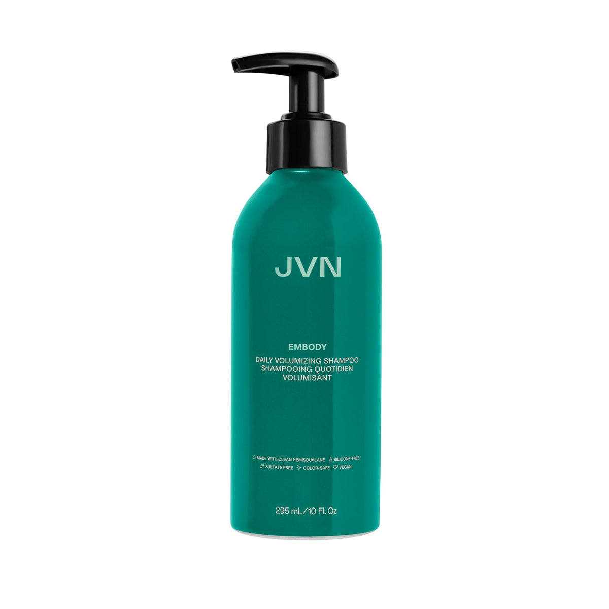 JVN Embody volumizing shampoo bottle with pump showing added fullness and shine.
