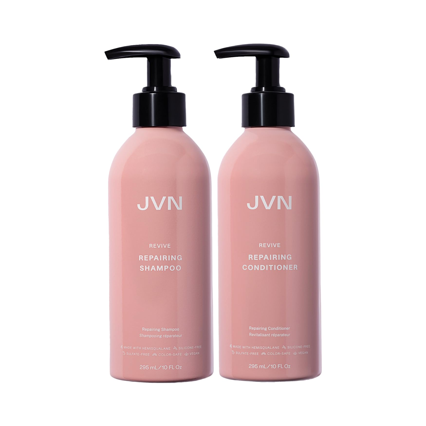 JVN Revive Champú: botella derramando, limpieza suave para cuero cabelludo.