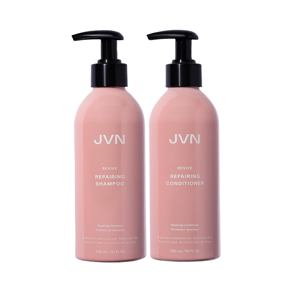 JVN Revive Champú: botella derramando, limpieza suave para cuero cabelludo.