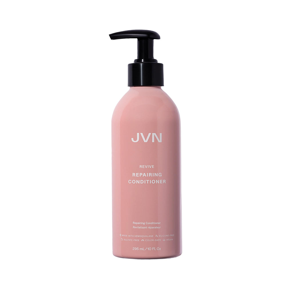 Acondicionador JVN Revive Repairing en botella, muestra el envase para cabello dañado con acción reparadora.