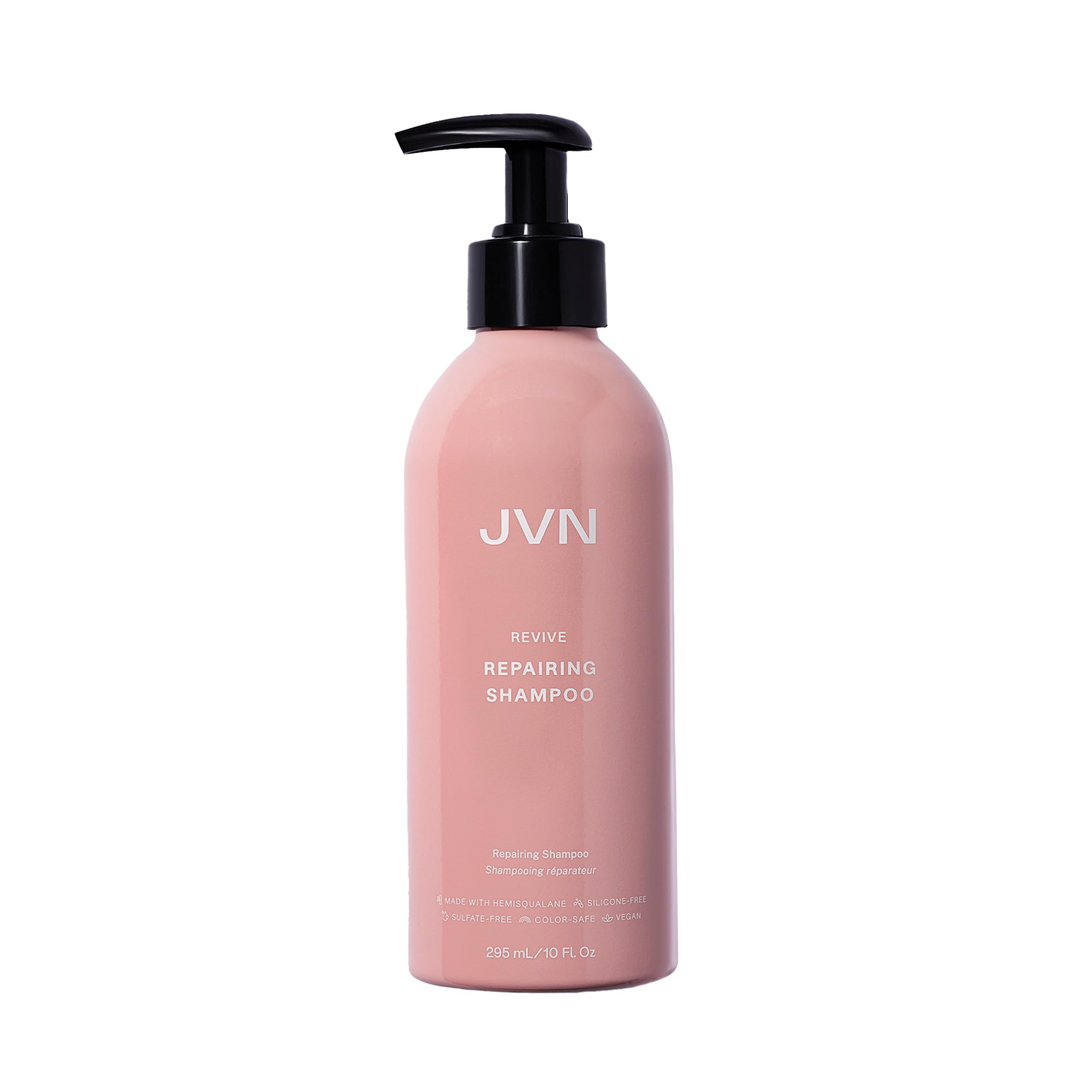 Botella de JVN Revive Reparador Champú mostrando su envase, ideal para cabello dañado.